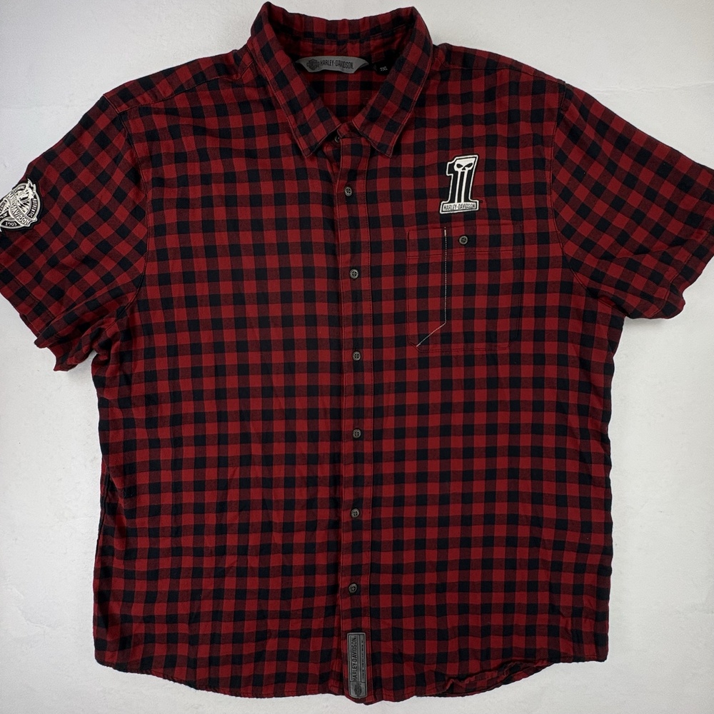 Harley Davidson Shirt Mens 2XL Red Black Buffalo Plaid Skull Biker Slim Fit